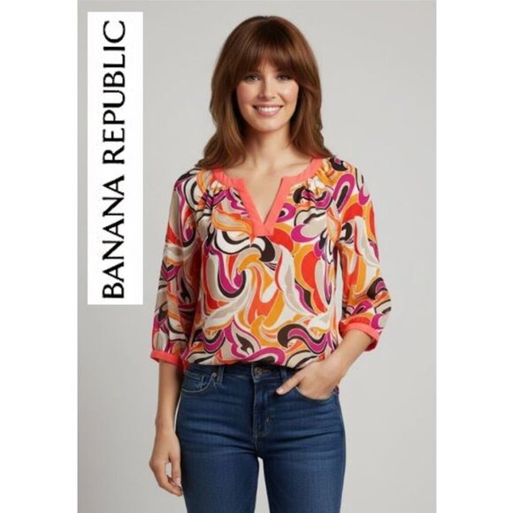 BANANA REPUBLIC - 3/4 sleeve retro print v-neck blouse - Picture 1 of 10